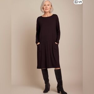 EILEEN FISHER Jersey Ballet Neck Shift Dress Viscose Deep Plum Long Sleeve Small
